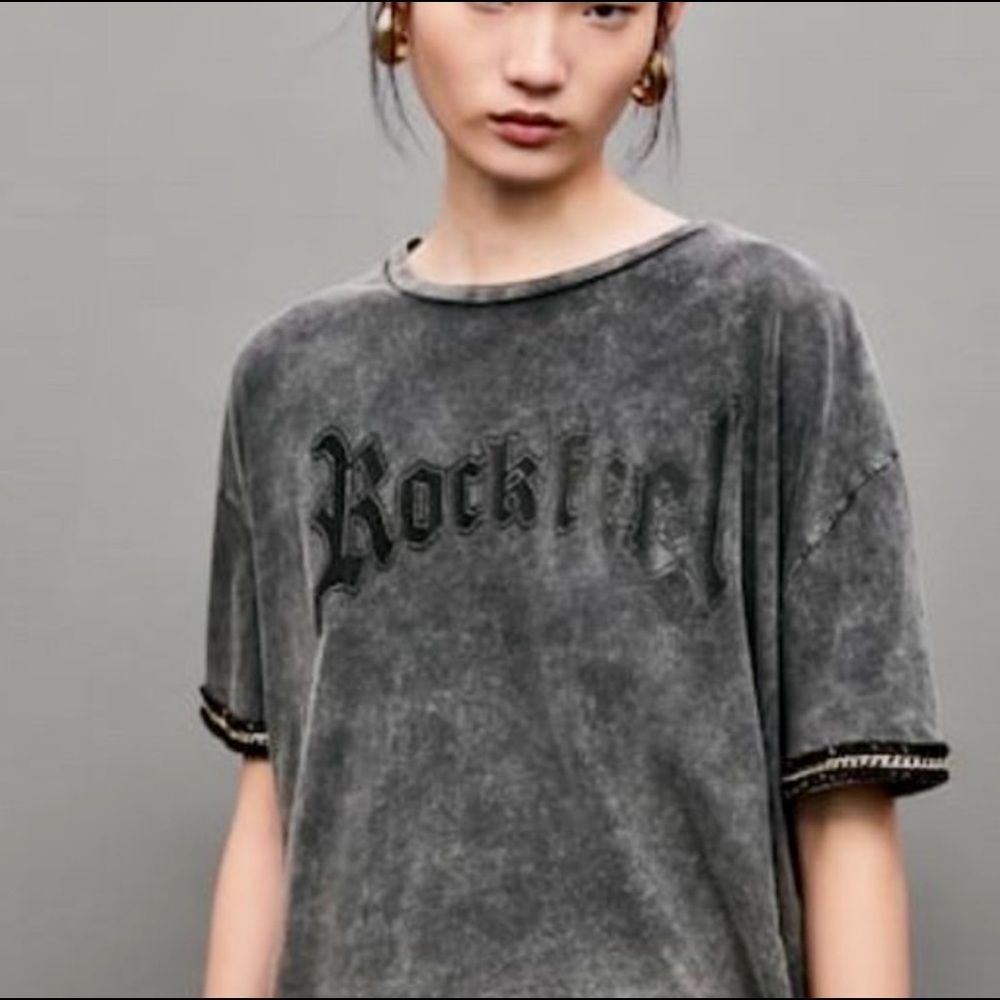 Zara Cropped ROCKFEEL Graphic Tee Gray Size S